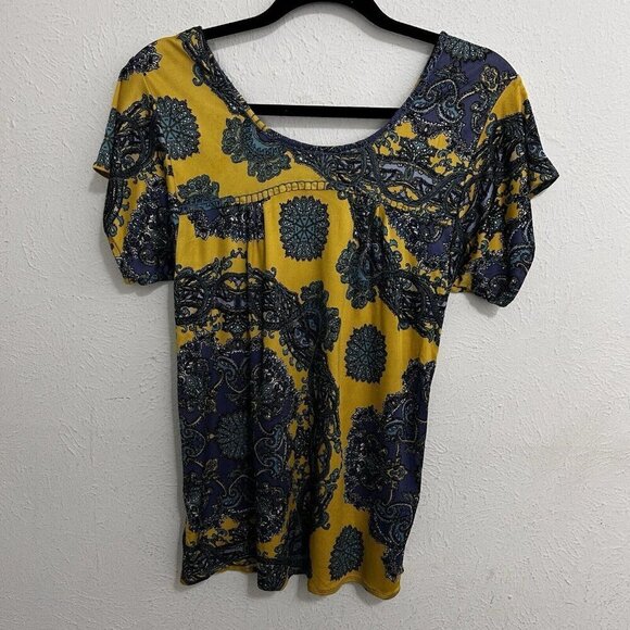 Nieves Lavi Vintage New York Yellow Blue 100% Silk Paisley Top Blouse Size M - Picture 7 of 11